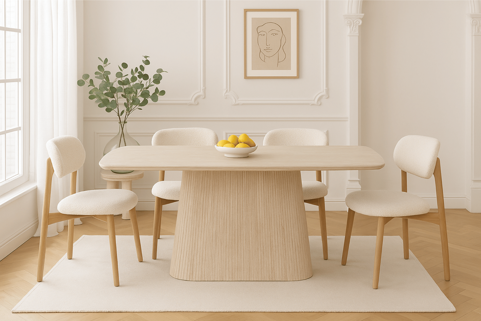 Table à manger Dona – Plateau effet céramique travertin & pieds métal décor bois strié – 180 cm