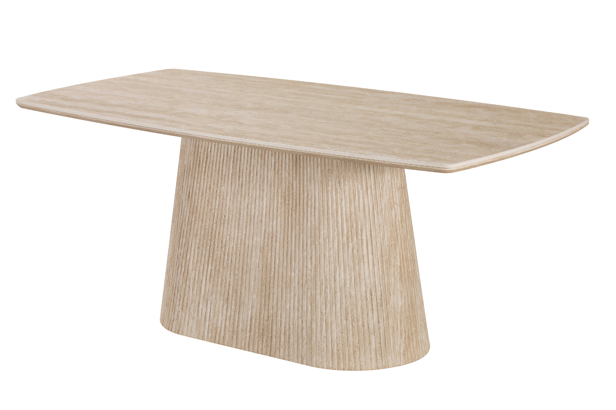 Table à manger Dona – Plateau effet céramique travertin & pieds métal décor bois strié – 180 cm