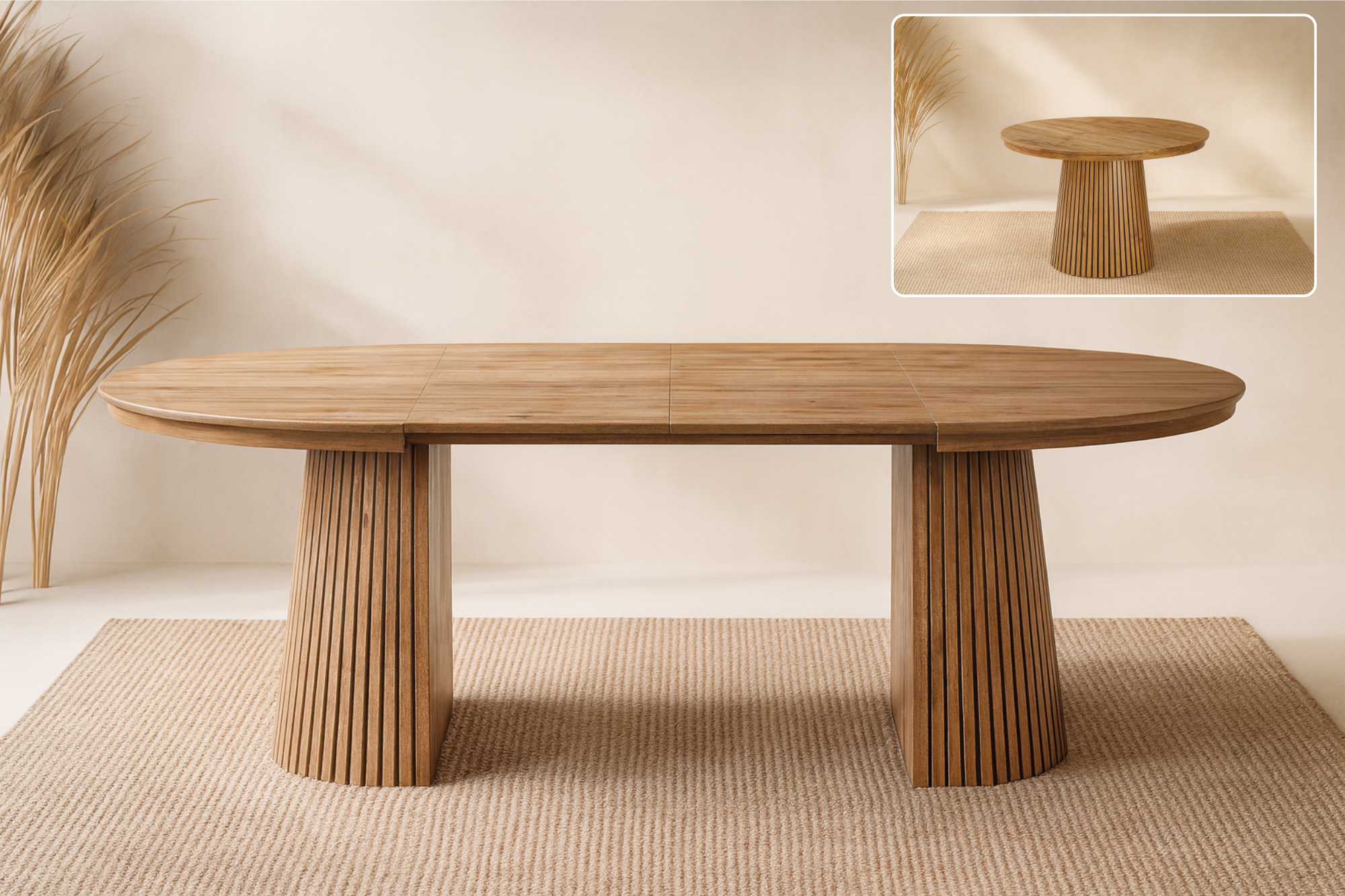 Table à manger extensible NELA – Design bois, forme ronde ou ovale, avec 2 rallonges intégrées