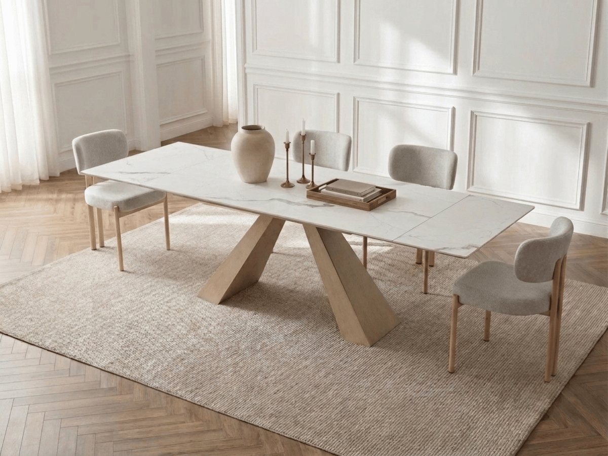 Table à manger extensible Calista – céramique marbre blanc 180 à 260 cm