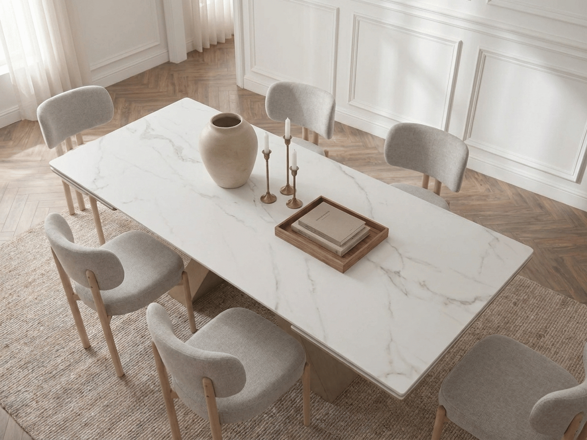 Table à manger extensible Calista – céramique marbre blanc 180 à 260 cm