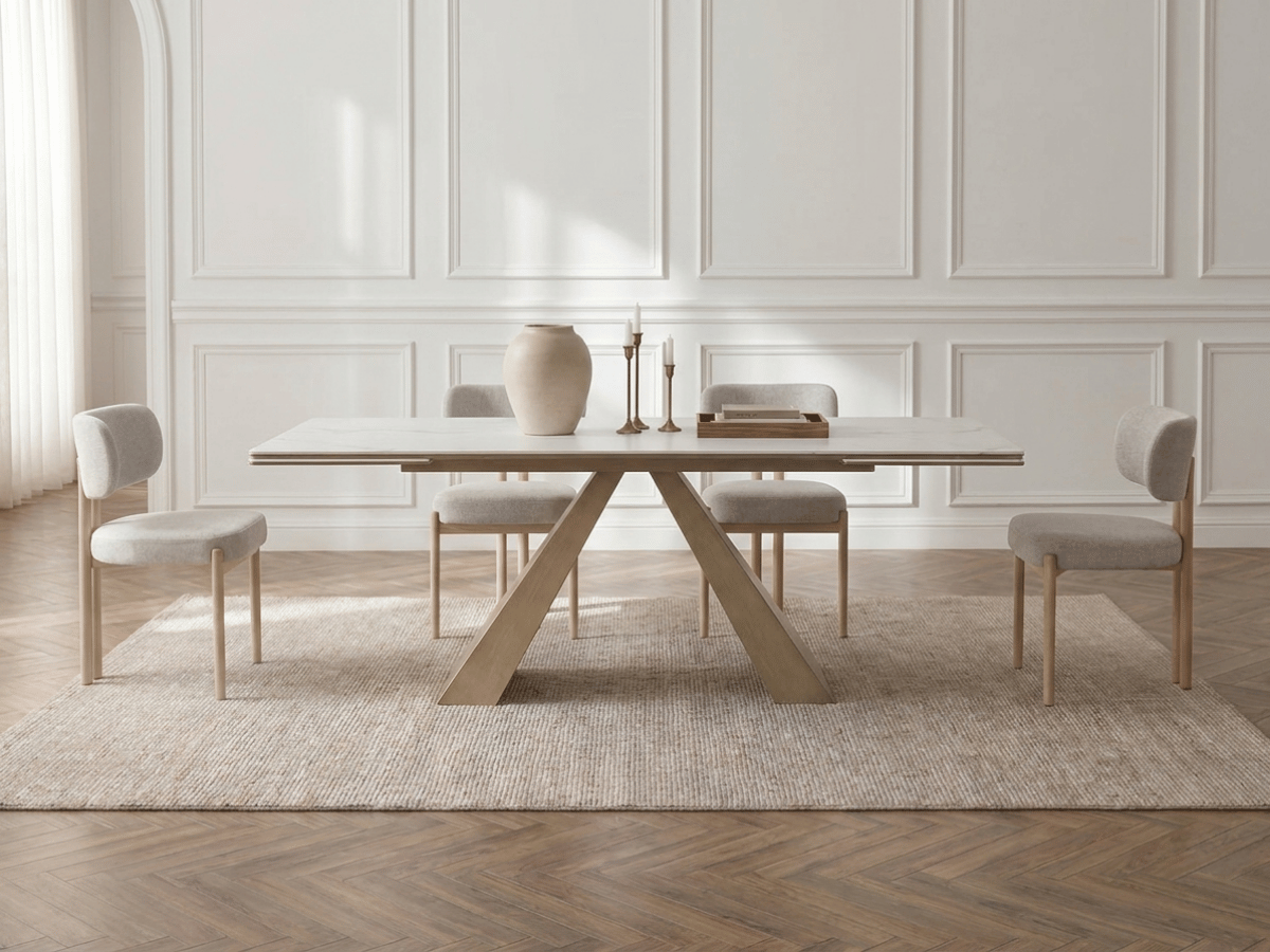 Table à manger extensible Calista – céramique marbre blanc 180 à 260 cm
