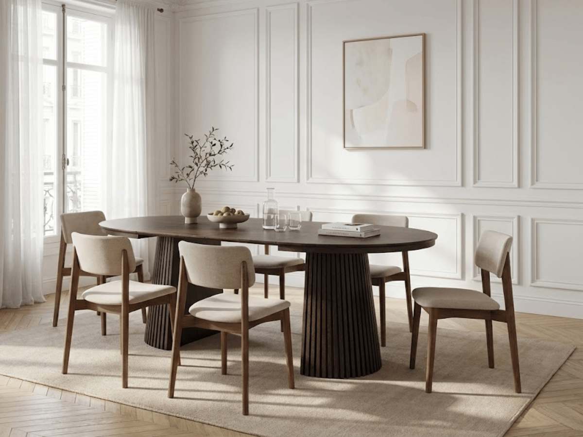 Table ronde extensible NELLA en bois – Ø 120 cm fermée / 200 cm ouverte – 2 rallonges intégrées