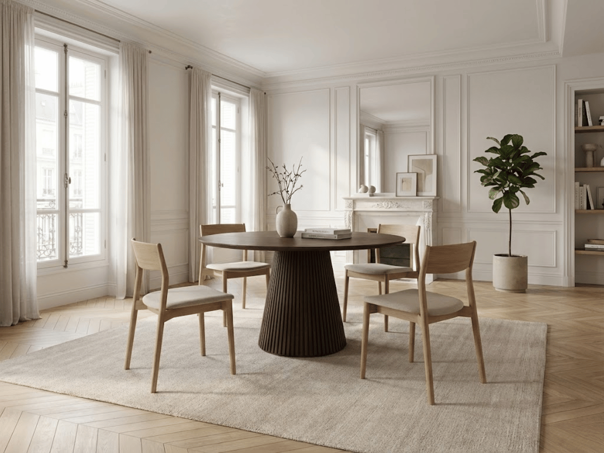 Table ronde extensible NELLA en bois – Ø 120 cm fermée / 200 cm ouverte – 2 rallonges intégrées