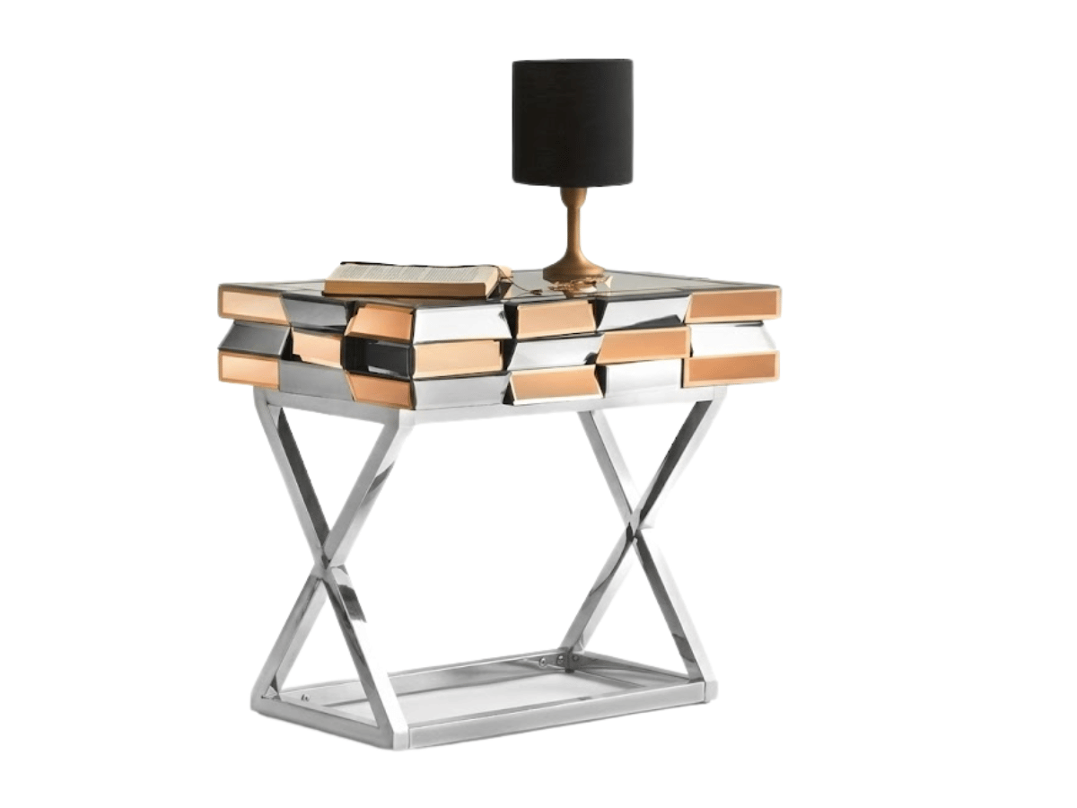 Mesita de noche LUXOR – Cristal y espejos dorados, base cromada