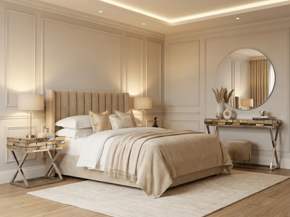 Tocador LUXOR – Espejo de cristal 3D y patas cromadas