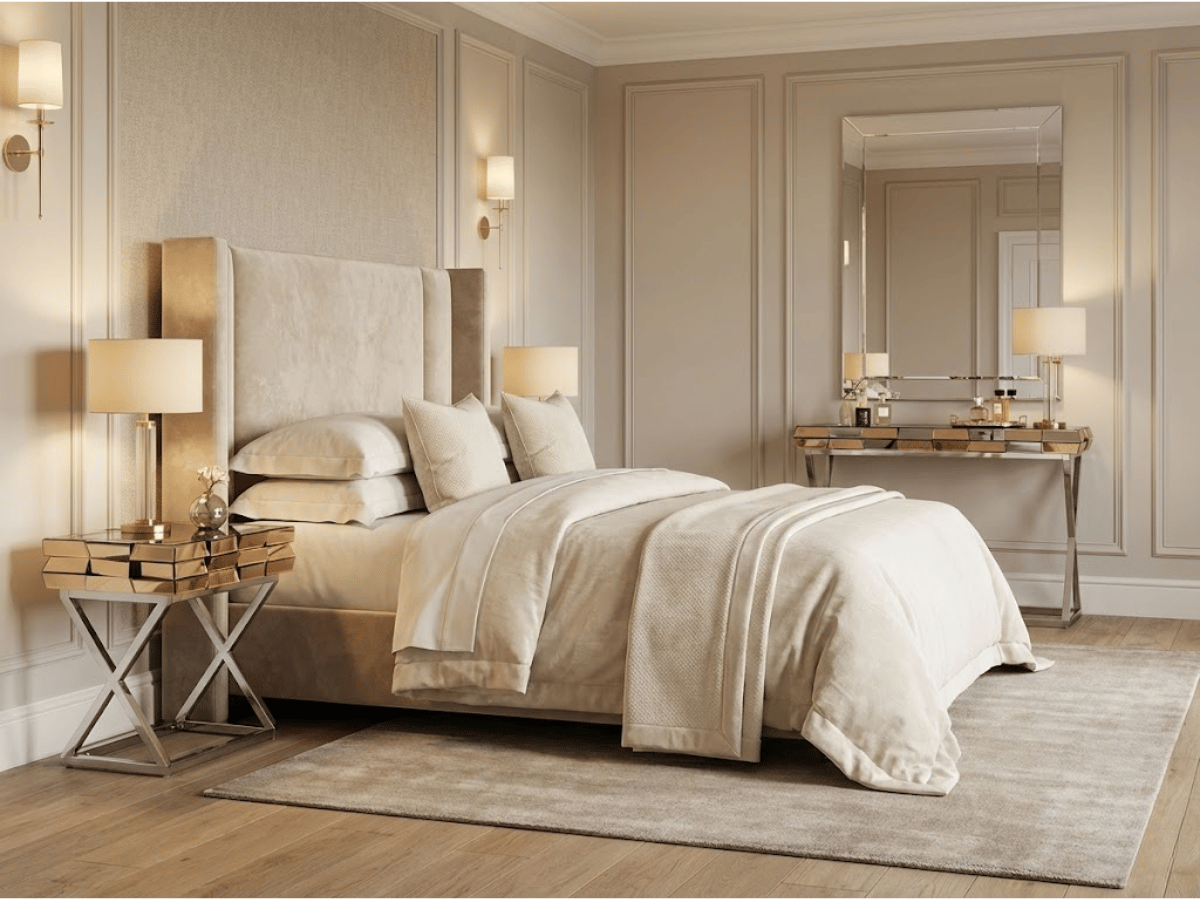 Mesita de noche LUXOR – Cristal y espejos dorados, base cromada