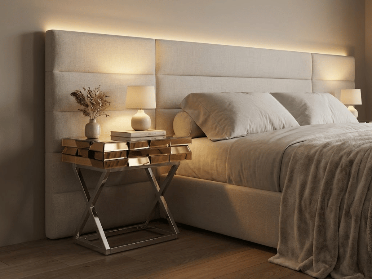 Mesita de noche LUXOR – Cristal y espejos dorados, base cromada