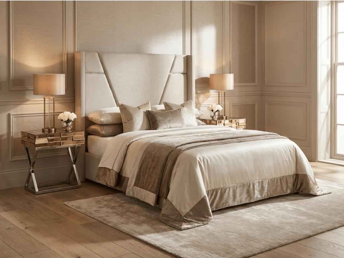 Mesita de noche LUXOR – Cristal y espejos dorados, base cromada