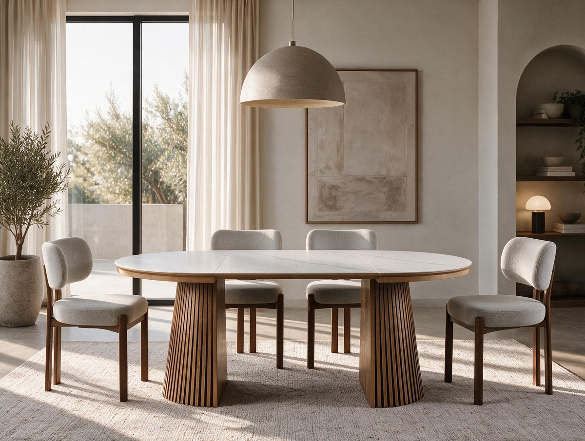 Table extensible NOMA Ø 120 à 200 cm – Plateau céramique effet marbre & piètement en bois rainuré