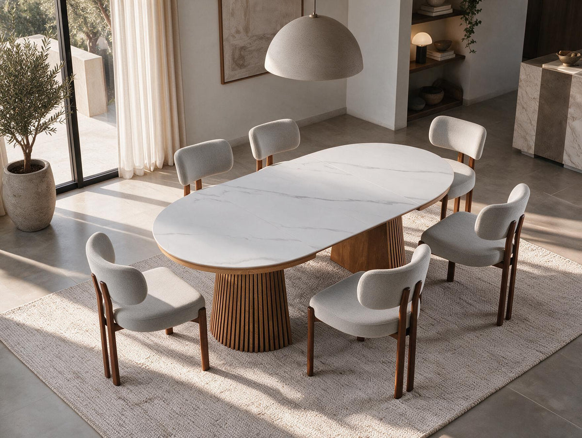 Table extensible NOMA Ø 120 à 200 cm – Plateau céramique effet marbre & piètement en bois rainuré