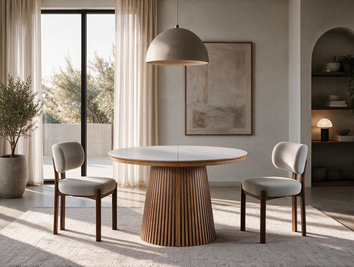 Table extensible NOMA Ø 120 à 200 cm – Plateau céramique effet marbre & piètement en bois rainuré