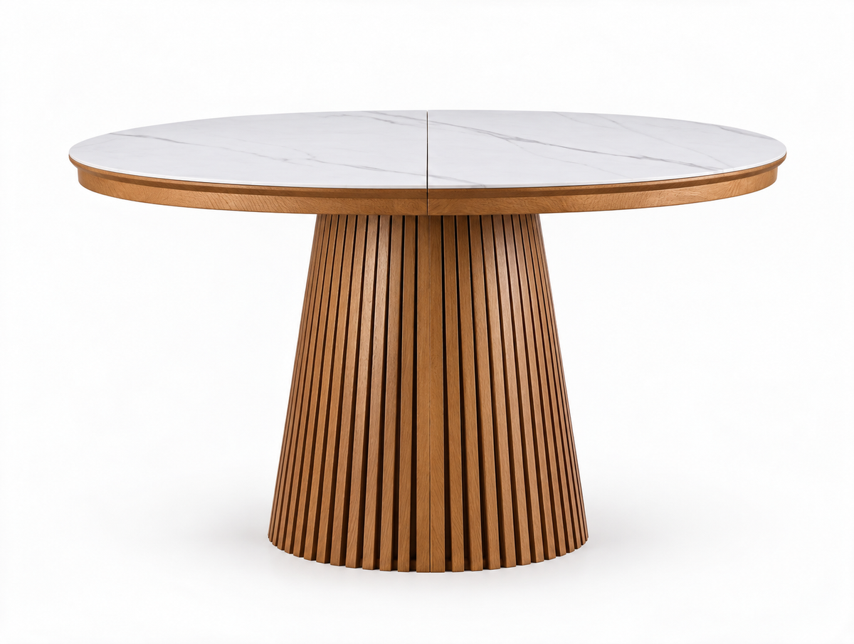 Table extensible NOMA Ø 120 à 200 cm – Plateau céramique effet marbre & piètement en bois rainuré