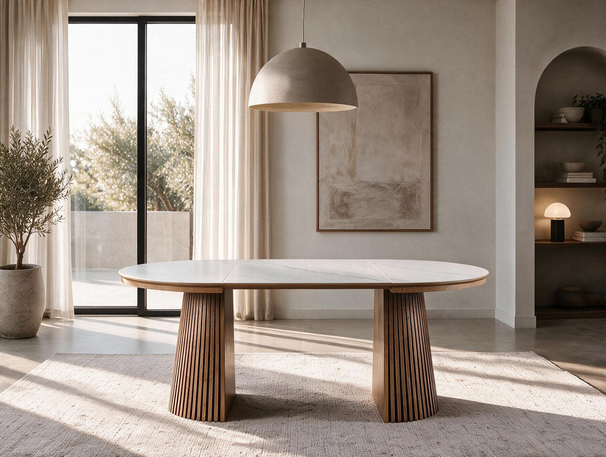 Table extensible NOMA Ø 120 à 200 cm – Plateau céramique effet marbre & piètement en bois rainuré