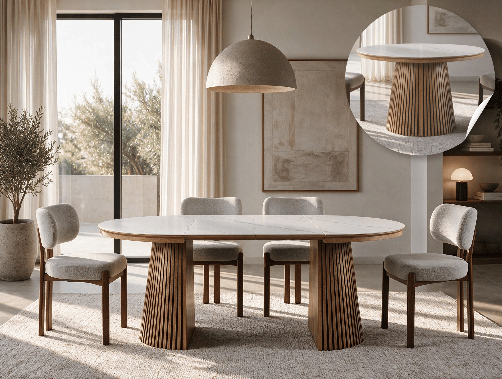 Table extensible NOMA Ø 120 à 200 cm – Plateau céramique effet marbre & piètement en bois rainuré