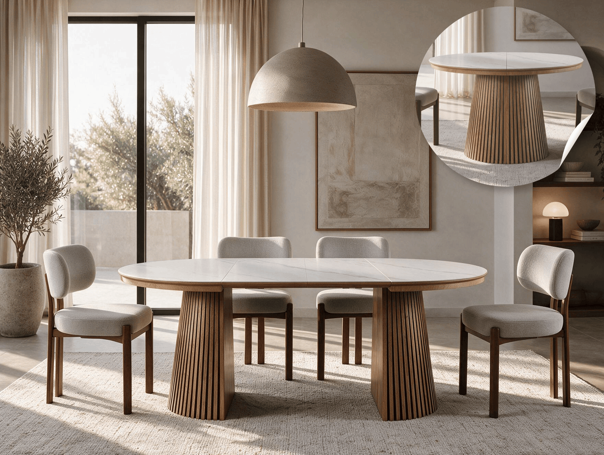 Table extensible NOMA Ø 120 à 200 cm – Plateau céramique effet marbre & piètement en bois rainuré