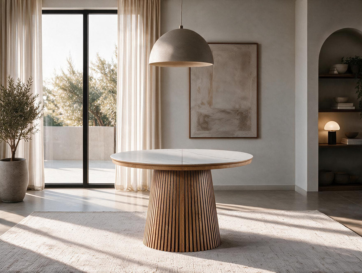 Table extensible NOMA Ø 120 à 200 cm – Plateau céramique effet marbre & piètement en bois rainuré