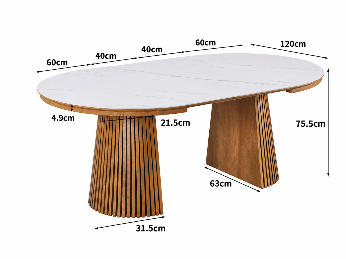 Table extensible NOMA Ø 120 à 200 cm – Plateau céramique effet marbre & piètement en bois rainuré