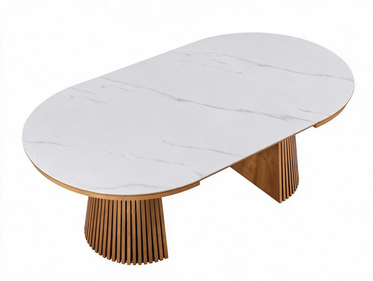 Table extensible NOMA Ø 120 à 200 cm – Plateau céramique effet marbre & piètement en bois rainuré