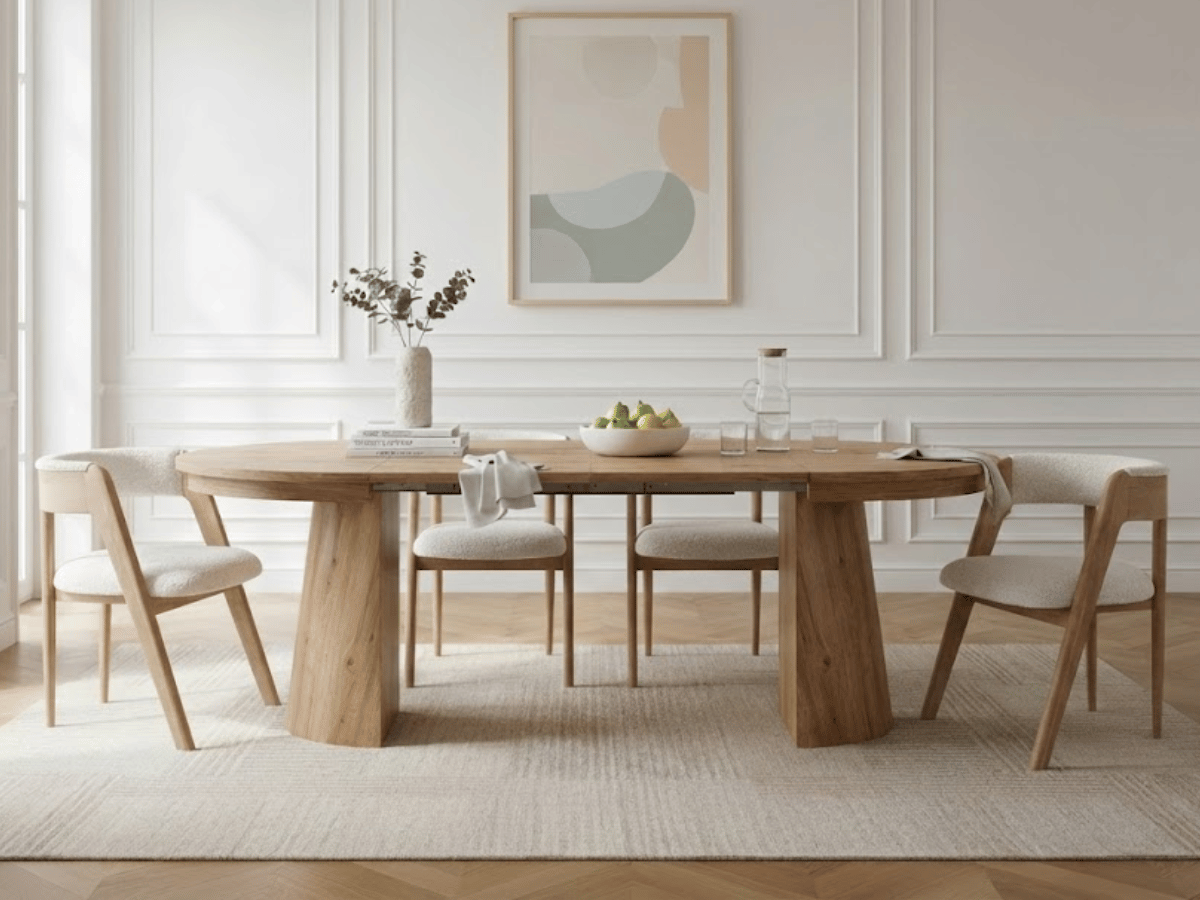 Table ronde extensible TARGA en bois – Ø 115 cm fermée / 185 cm ouverte – 2 rallonges intégrées