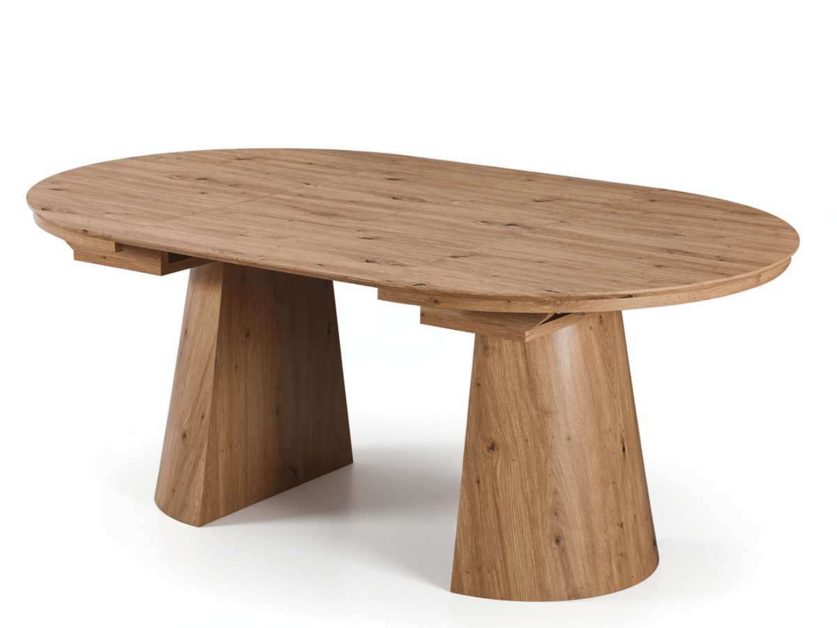 Table ronde extensible TARGA en bois – Ø 115 cm fermée / 185 cm ouverte – 2 rallonges intégrées