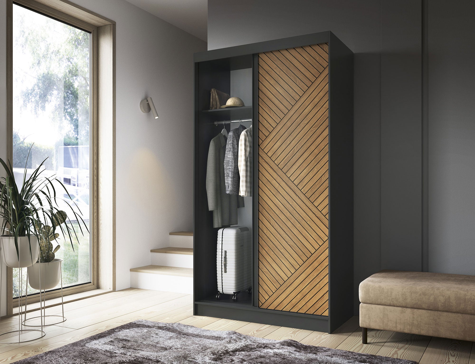 Armoire Dressing Coulissante 120 & 180 cm – Noir & Chêne Caramel – Miroir en option – CARVANO