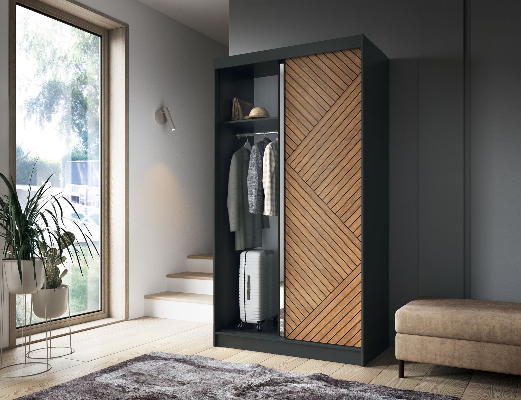 Armoire Dressing Coulissante 120 & 180 cm – Noir & Chêne Caramel – Miroir en option – CARVANO