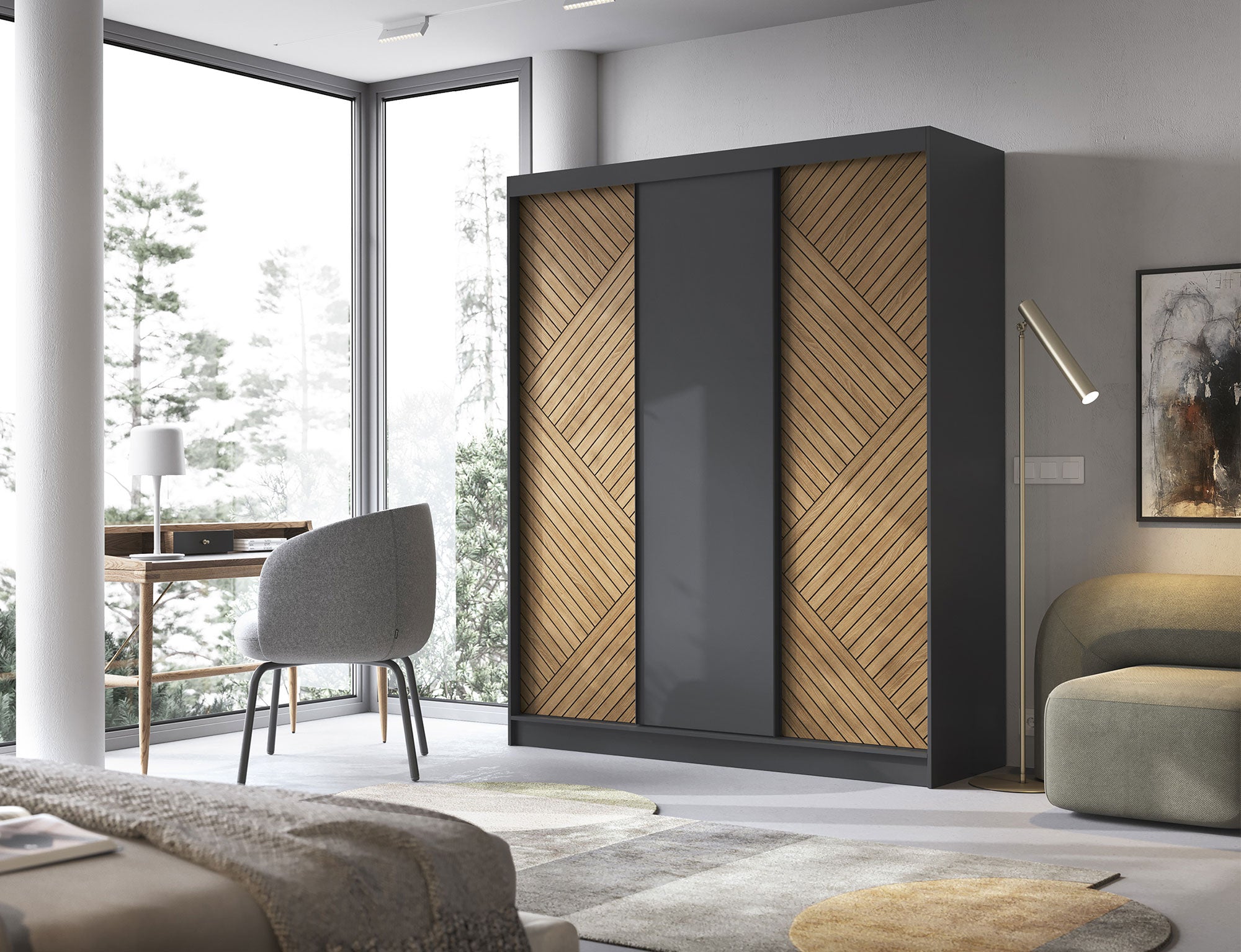 Armoire Dressing Coulissante 120 & 180 cm – Noir & Chêne Caramel – Miroir en option – CARVANO