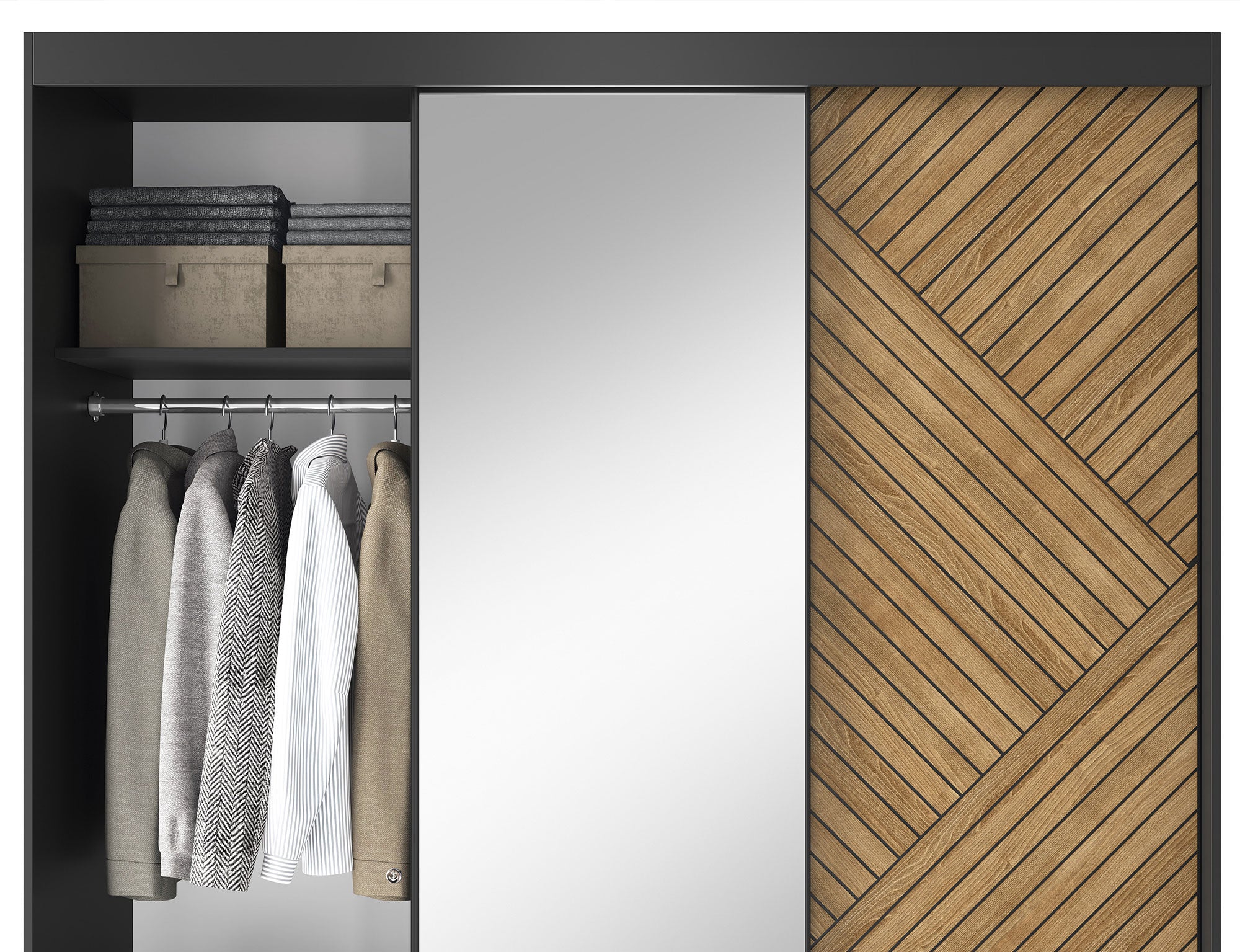 Armoire Dressing Coulissante 120 & 180 cm – Noir & Chêne Caramel – Miroir en option – CARVANO