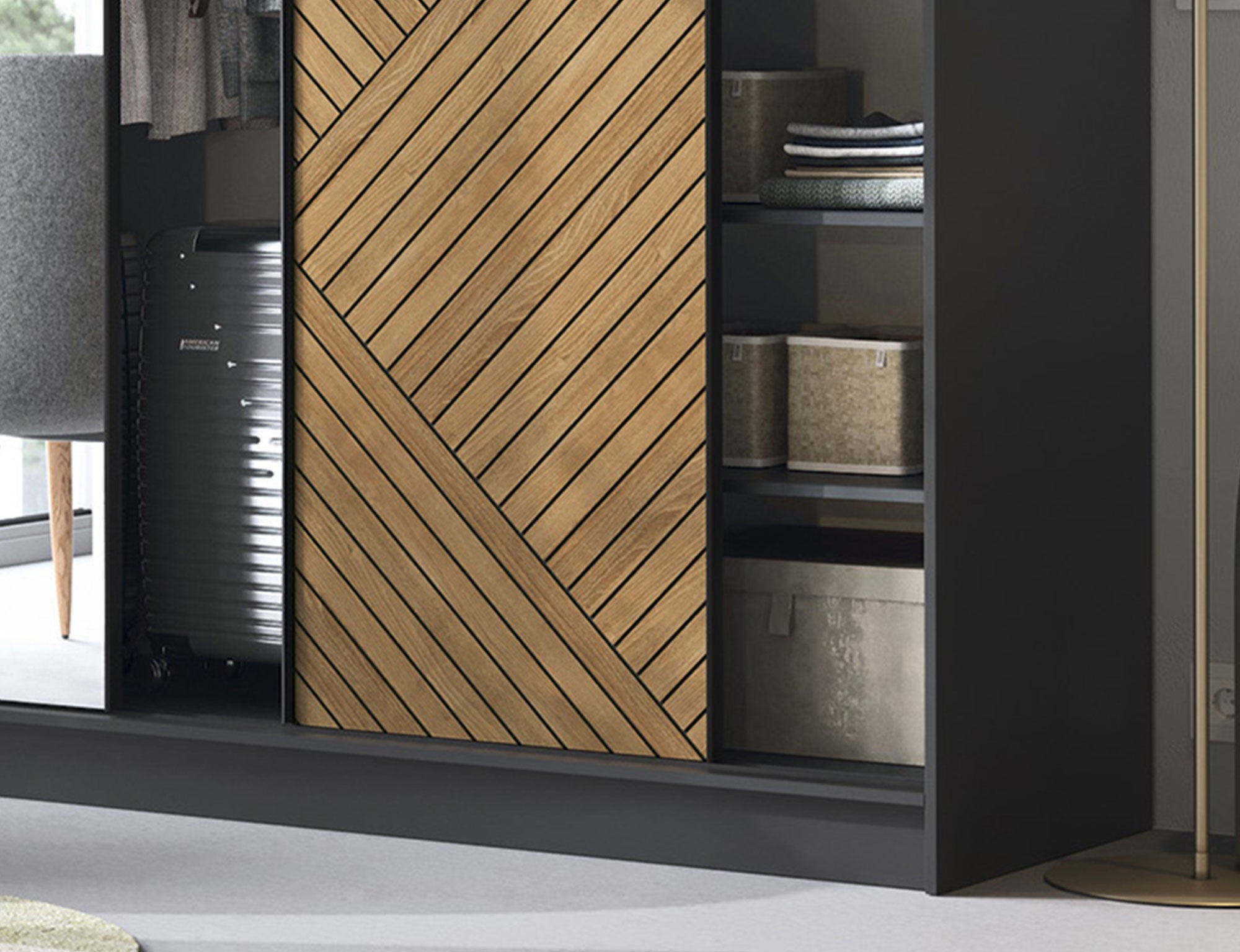 Armoire Dressing Coulissante 120 & 180 cm – Noir & Chêne Caramel – Miroir en option – CARVANO