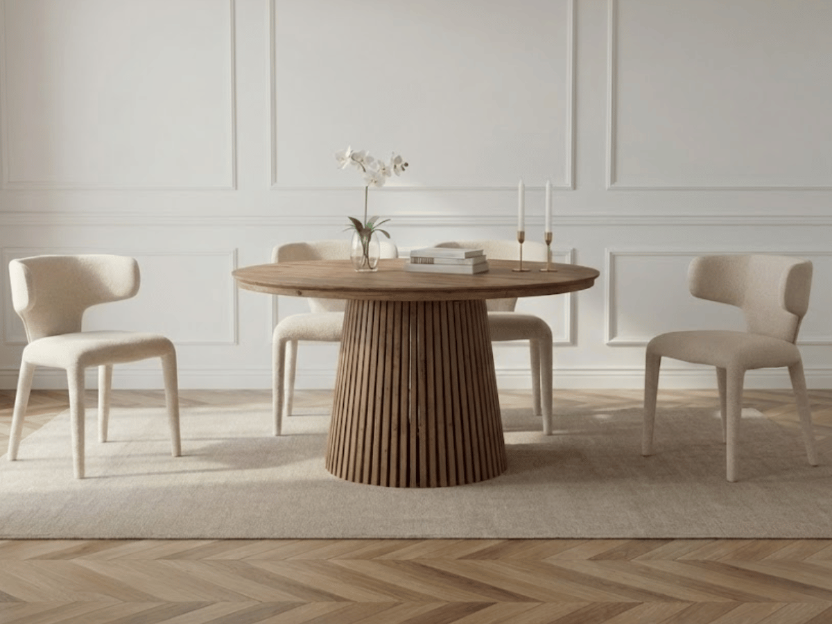 Table ronde extensible NELLA en bois – Ø 120 cm fermée / 200 cm ouverte – 2 rallonges intégrées