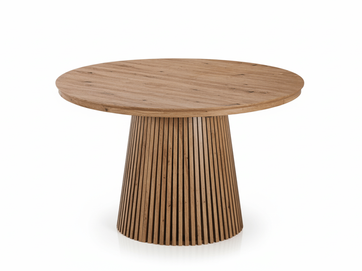 Table ronde extensible NELLA en bois – Ø 120 cm fermée / 200 cm ouverte – 2 rallonges intégrées