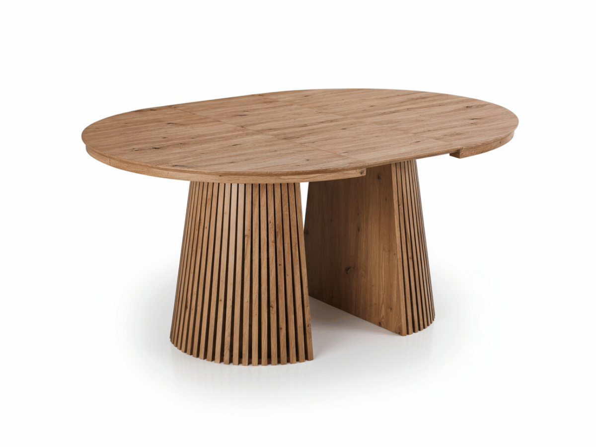 Table ronde extensible NELLA en bois – Ø 120 cm fermée / 200 cm ouverte – 2 rallonges intégrées