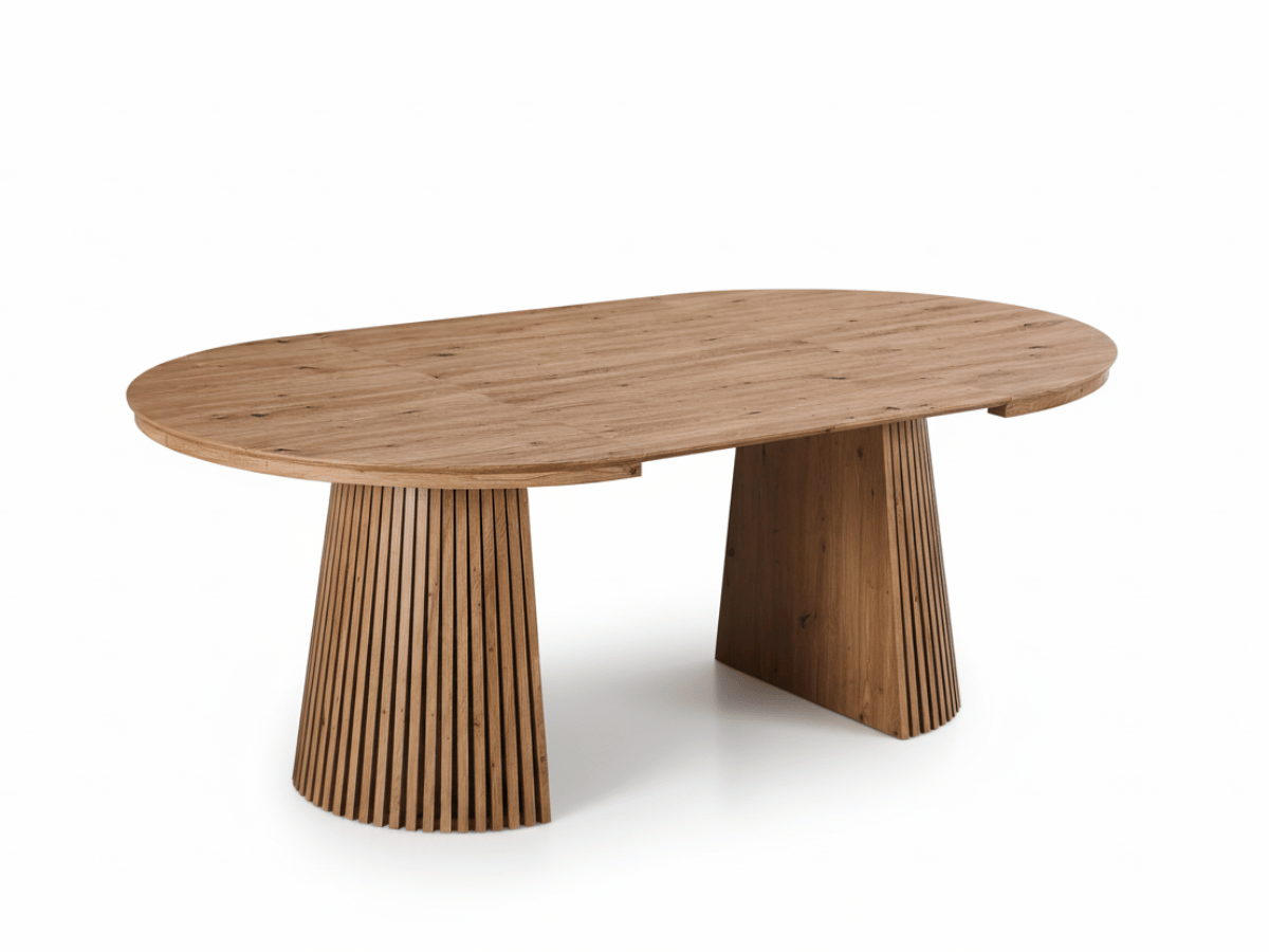Table ronde extensible NELLA en bois – Ø 120 cm fermée / 200 cm ouverte – 2 rallonges intégrées