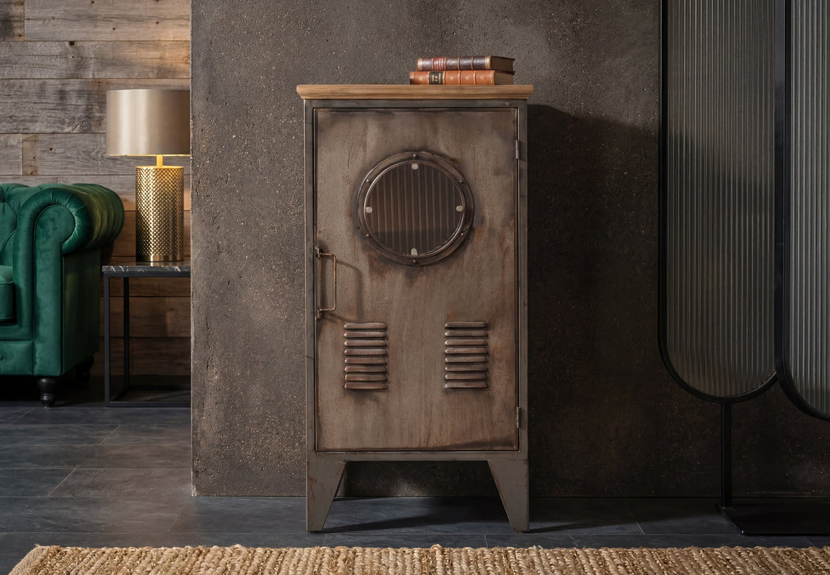 Armoire industrielle NAUTILUS 85cm casier vintage en bois massif métal gris naturel