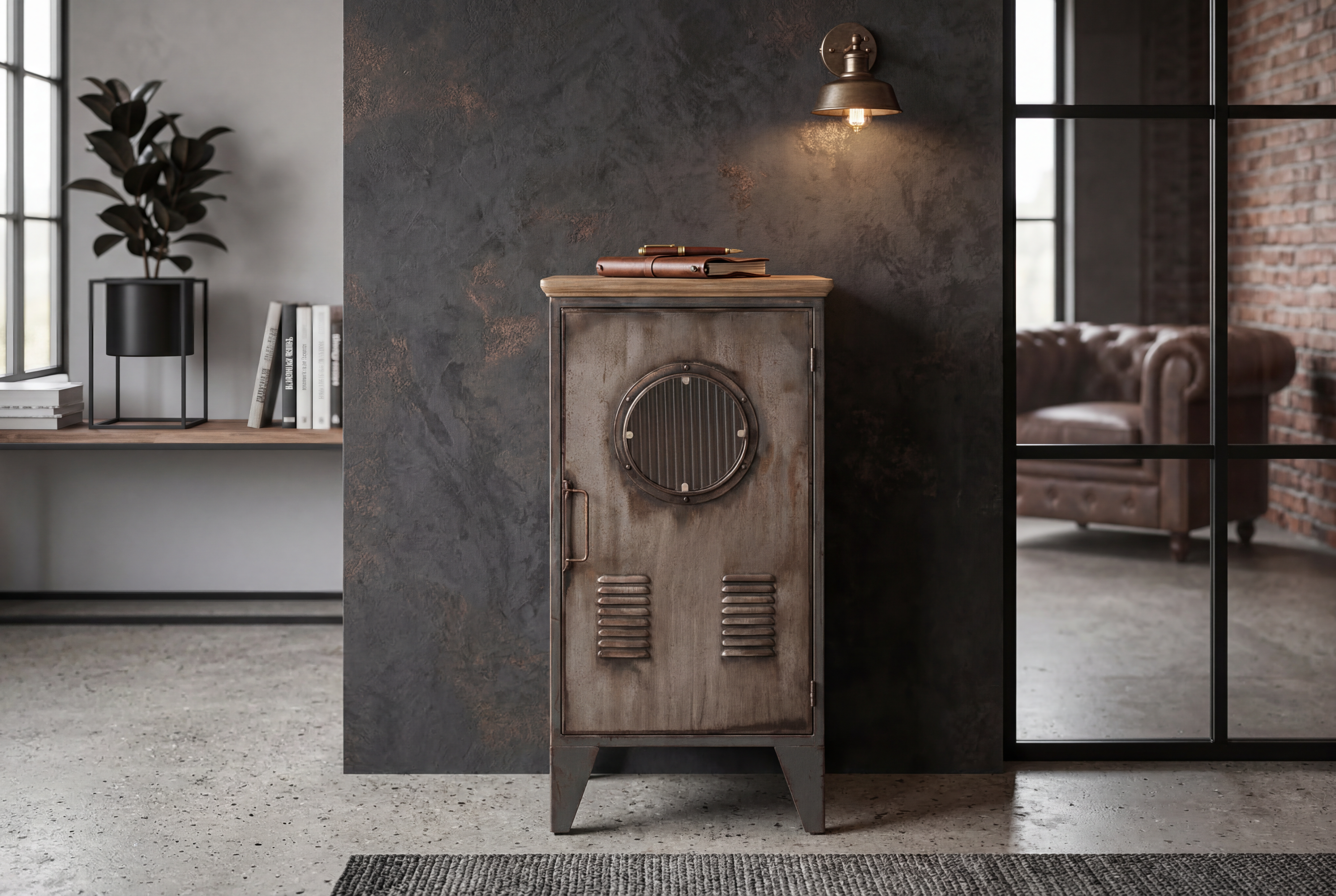 Armoire industrielle NAUTILUS 85cm casier vintage en bois massif métal gris naturel