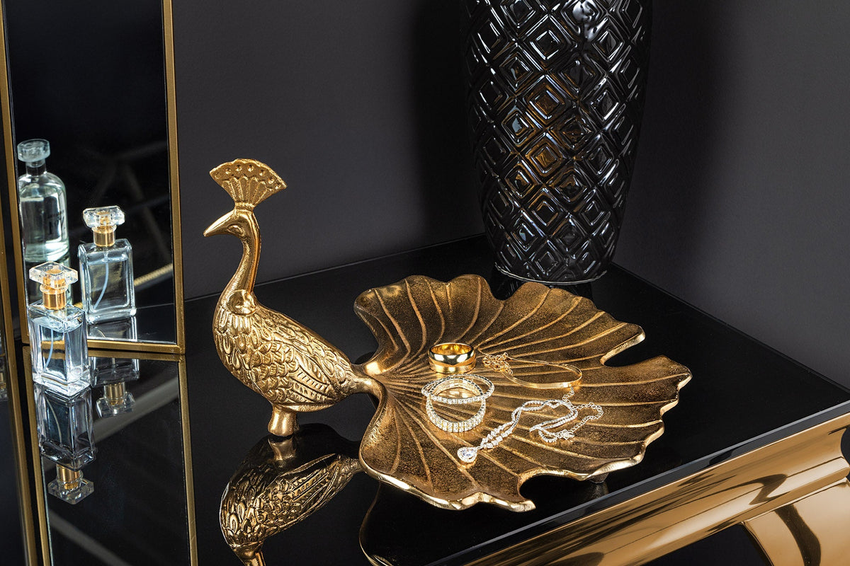 Assiette de service faite main WILDLIFE PEACOCK 40cm sculpture paon en métal doré