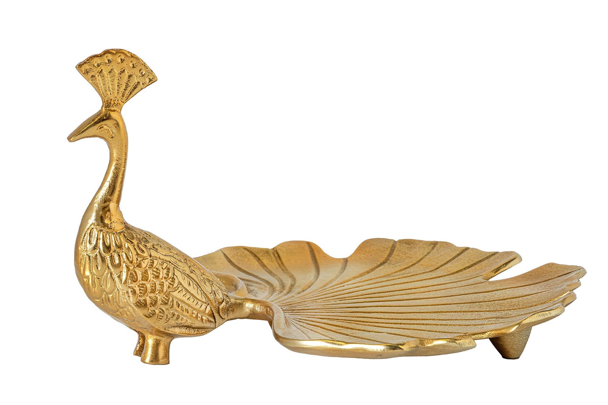 Assiette de service faite main WILDLIFE PEACOCK 40cm sculpture paon en métal doré