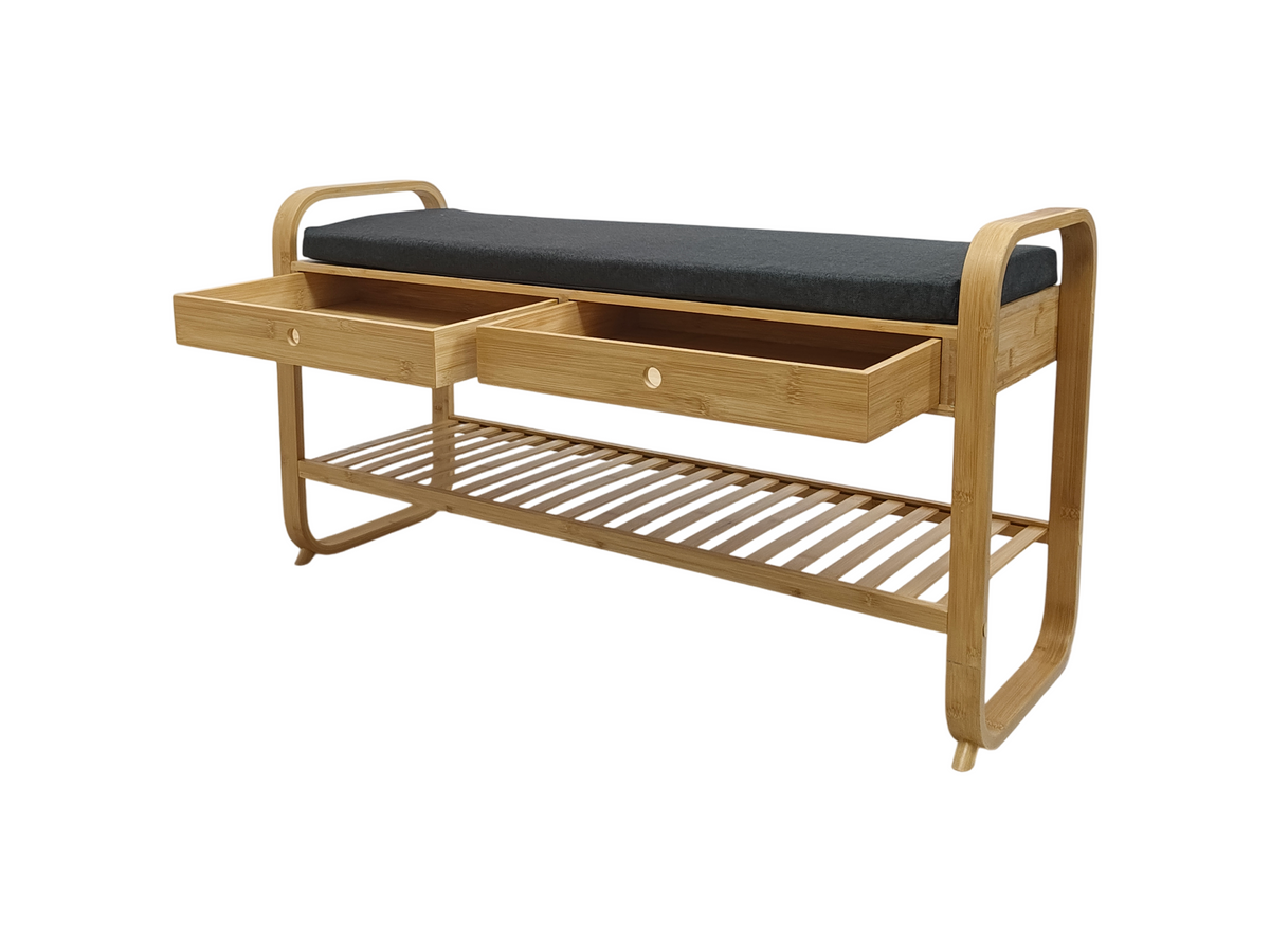 Banc à chaussures élégant ZEN-BO 100 cm banc étagère en bambou gris naturel avec tiroirs