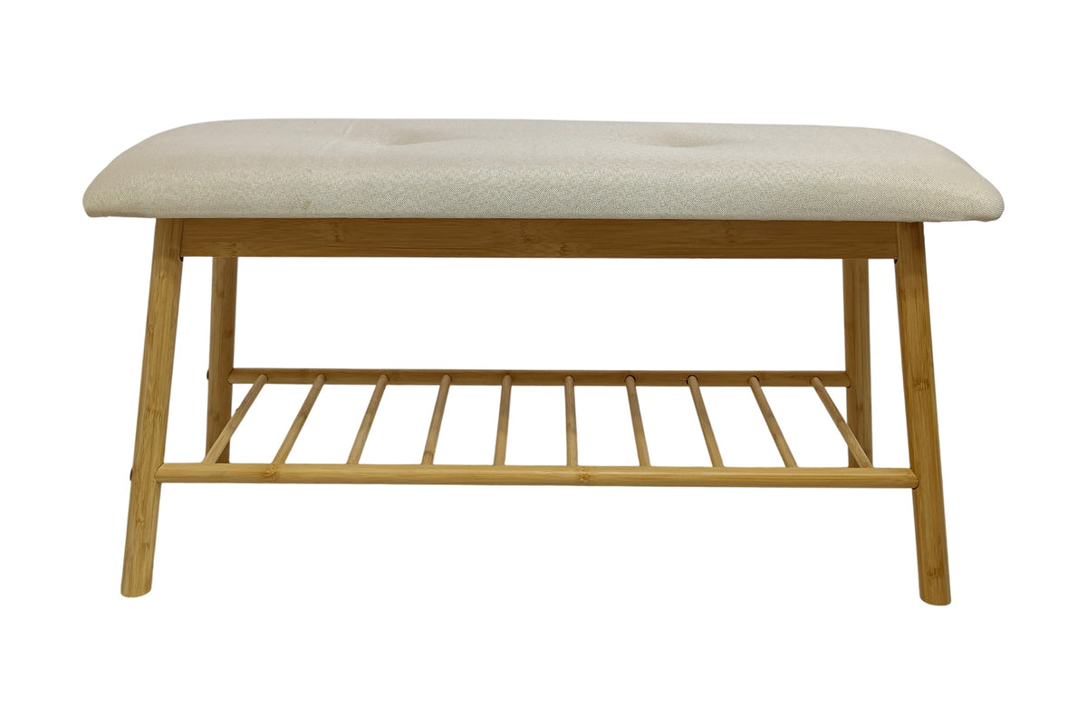 Banc à chaussures élégant ZEN-BO Banc étagère en bambou beige naturel 90 cm avec espace de rangement