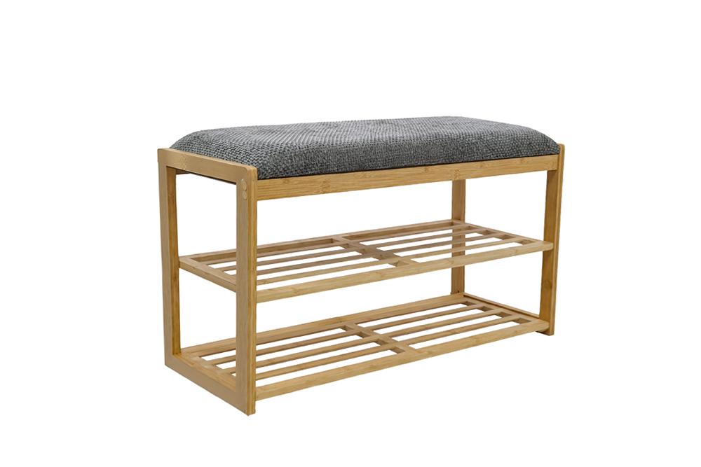 Banc à chaussures élégant ZEN-BO Banc étagère en bambou gris naturel 80 cm avec espace de rangement
