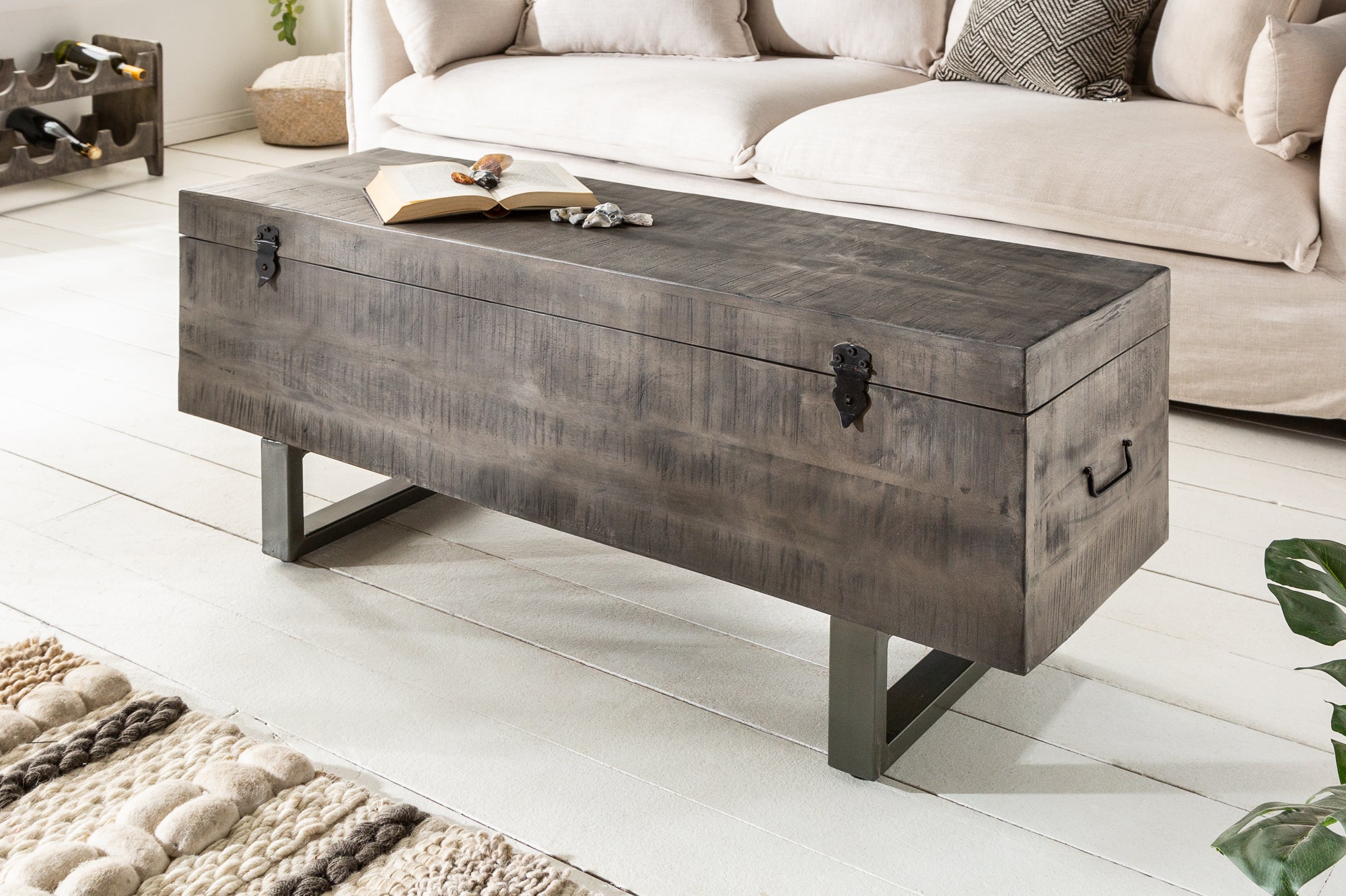 Banc coffre industriel FACTORY LOFT 115cm banc gris bois de manguier