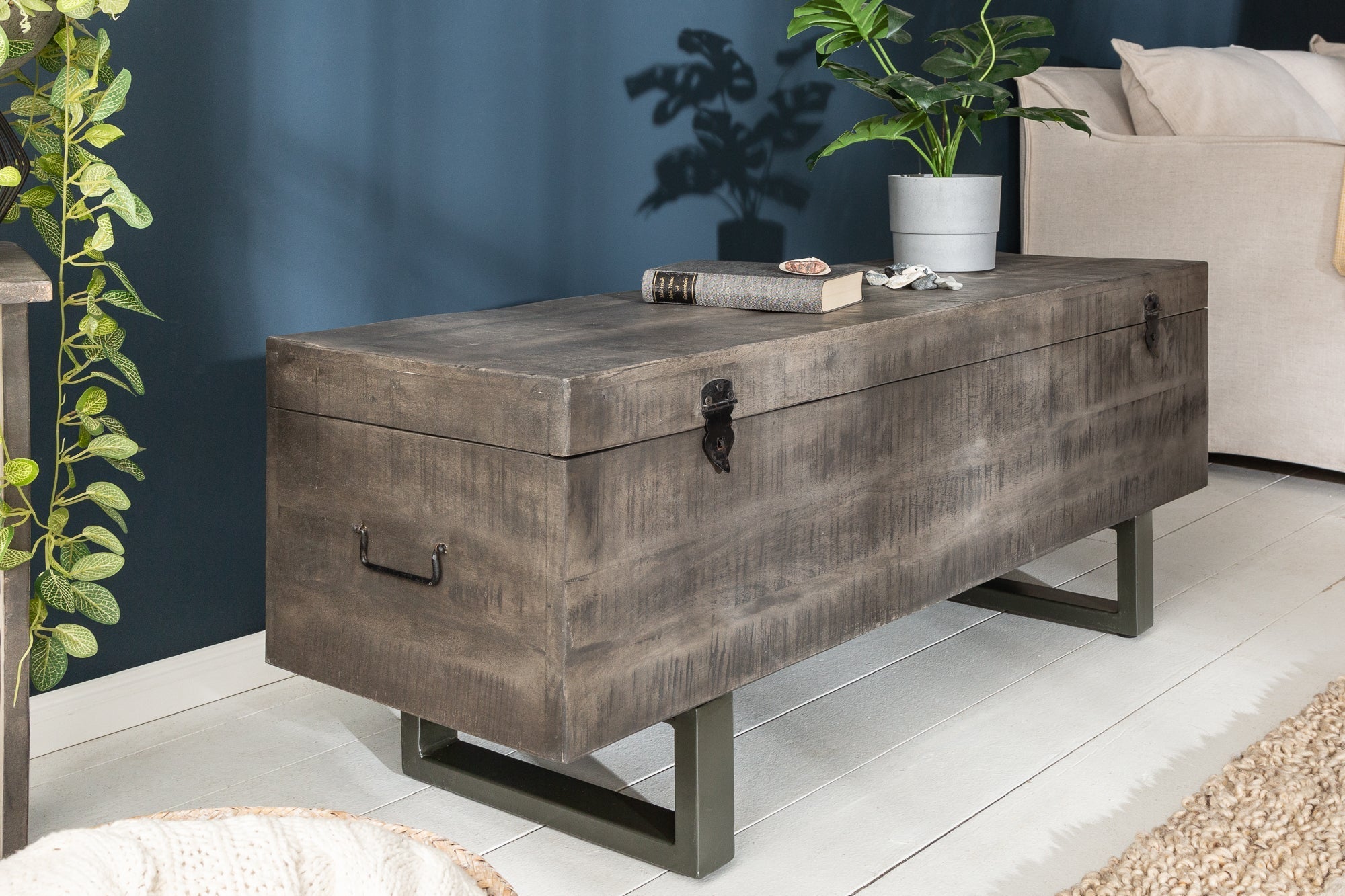 Banc coffre industriel FACTORY LOFT 115cm banc gris bois de manguier