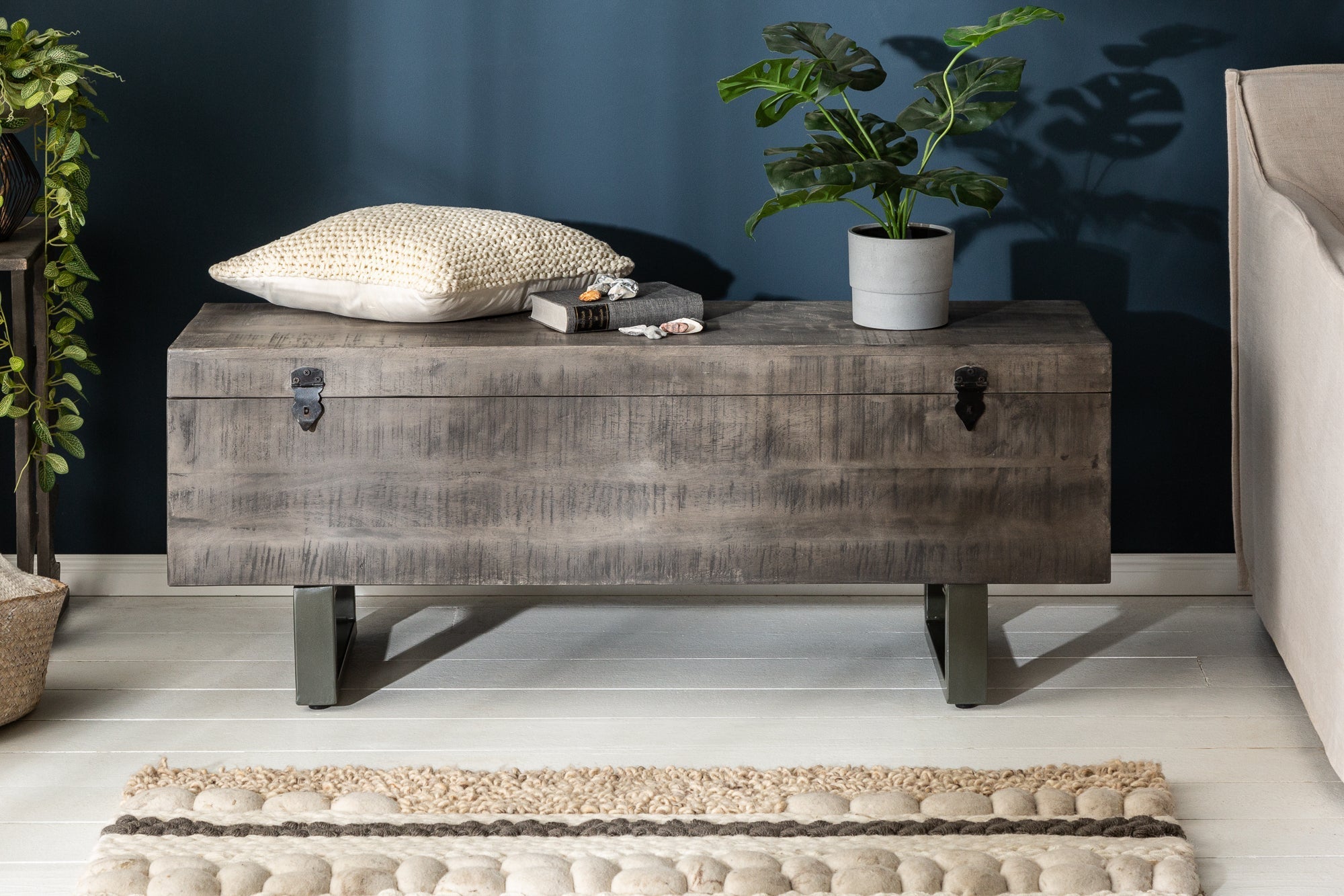 Banc coffre industriel FACTORY LOFT 115cm banc gris bois de manguier