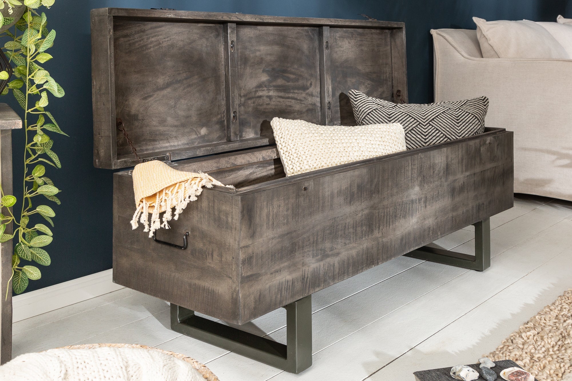 Banc coffre industriel FACTORY LOFT 115cm banc gris bois de manguier