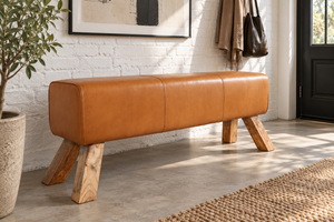 Banc design TURNBOCK 120cm cognac brun avec revêtement en cuir véritable tabouret