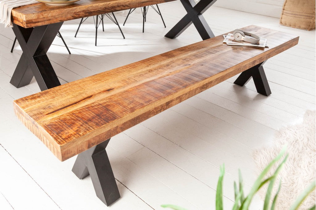 Banc industriel IRON CRAFT 200cm bois de mangue avec pieds en X
