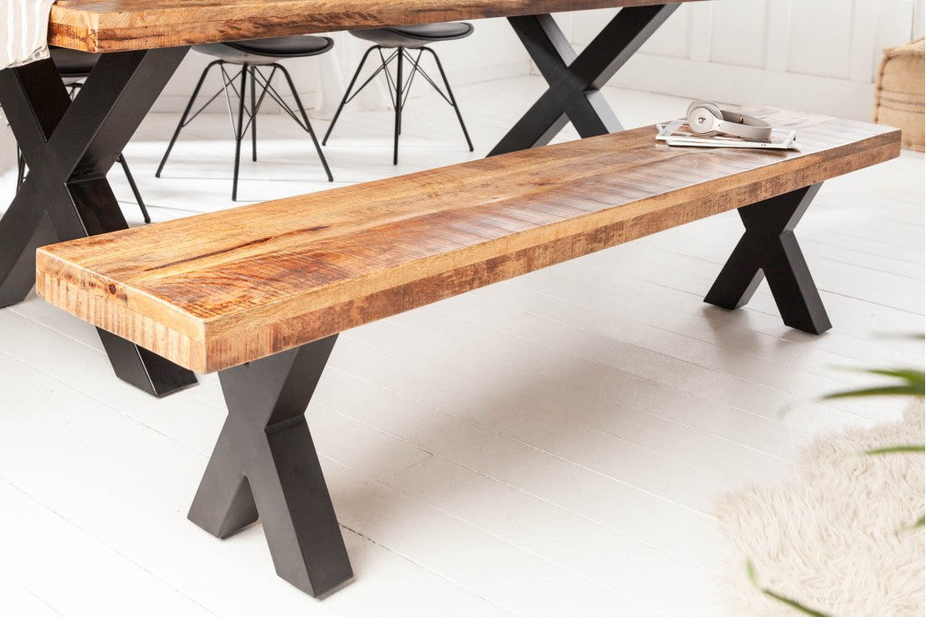 Banc industriel IRON CRAFT 200cm bois de mangue avec pieds en X