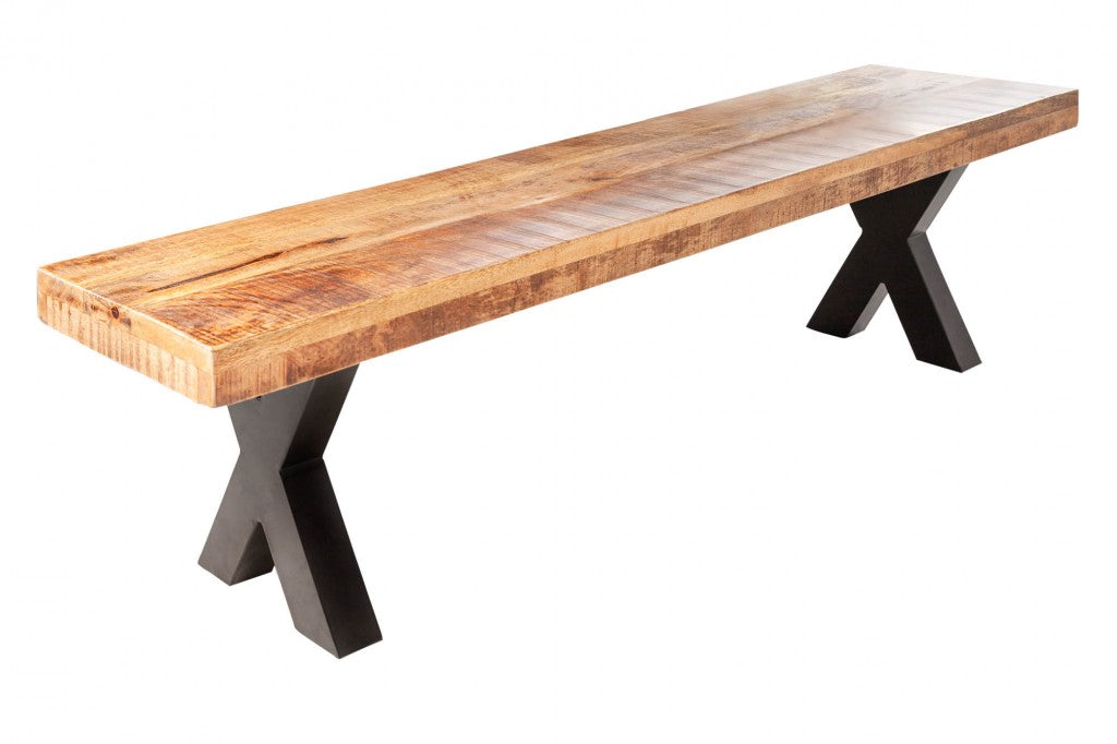 Banc industriel IRON CRAFT 200cm bois de mangue avec pieds en X