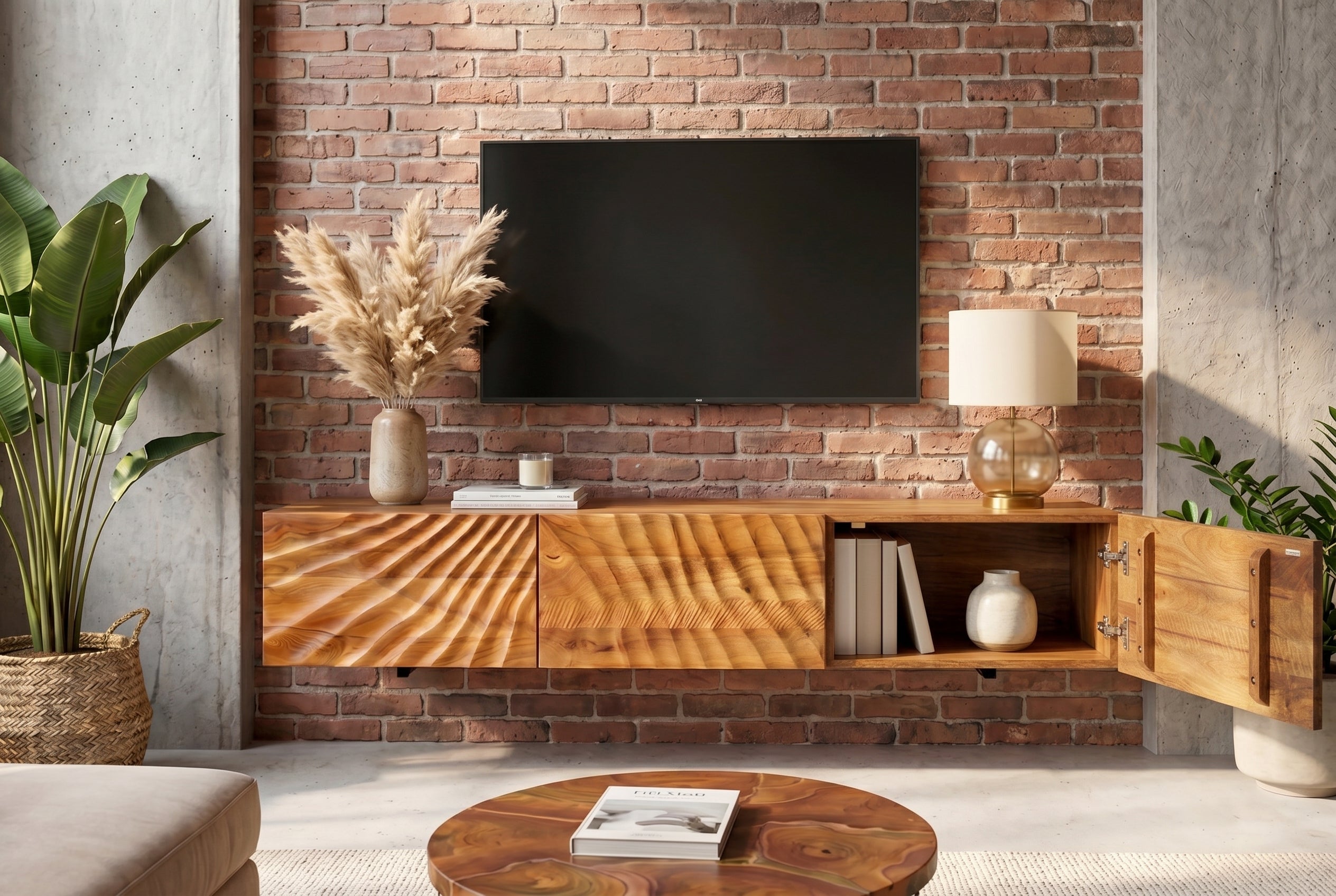 Banc TV en bois massif SCORPION 160cm meuble bas mural en manguier marron